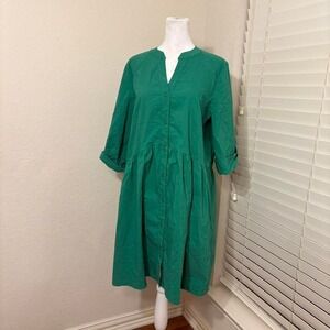 Joseph Ribkoff size 8 cotton blend teal green button down trapeze shirt dress